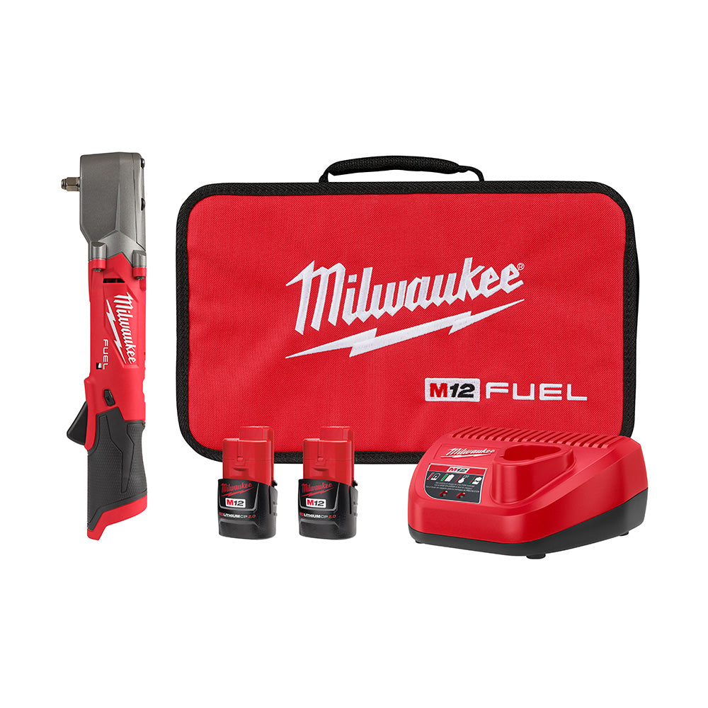 Milwaukee Electric M12 Fuel 3/8" Low Profile Right Angle Impact Wrench Kit W/ Friction Ring, Max. 220 Ft-Lbs, 2 Batteries, 1 Charger, 1 Bag - MLW-2564-22 | GarageAndFab.com