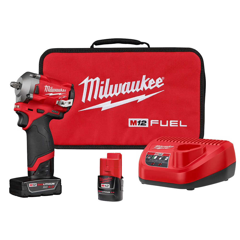 Milwaukee Electric M12 Fuel 3/8" Stubby Impact Wrench Kit, (1) Cp2.0 Battery, (1) Xc4.0 Battery, (1) Charger And Case - MLW-2554-22 | GarageAndFab.com