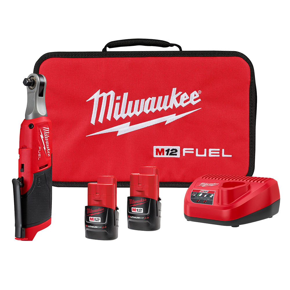 Milwaukee Electric M12 Fuel 3/8" High Speed Ratchet Kit, 450 Rpm, (2) Cp2.0 Batt., (1) Charger, Soft Carrying Case - MLW-2567-22 | GarageAndFab.com