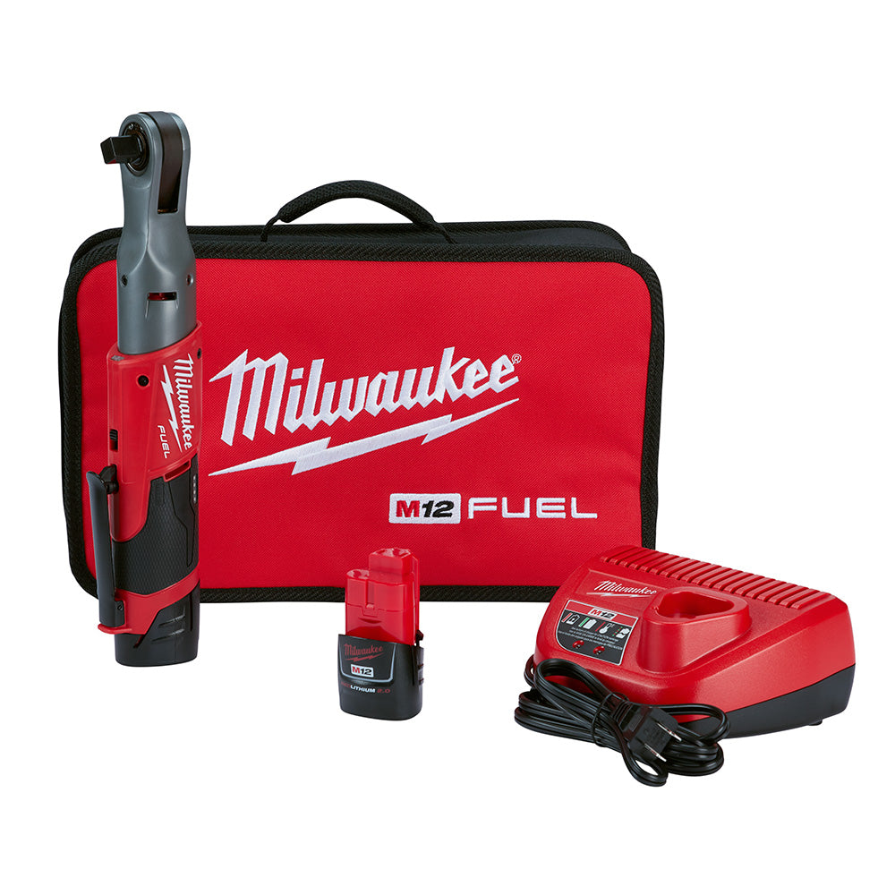 Milwaukee Electric M12 12V 1/2" Ratchet Kit, 60 Ft-Lb, 0-175 Rpm, (2) Cp2.0 Batteries & (1) Charger - MLW-2558-22 | GarageAndFab.com