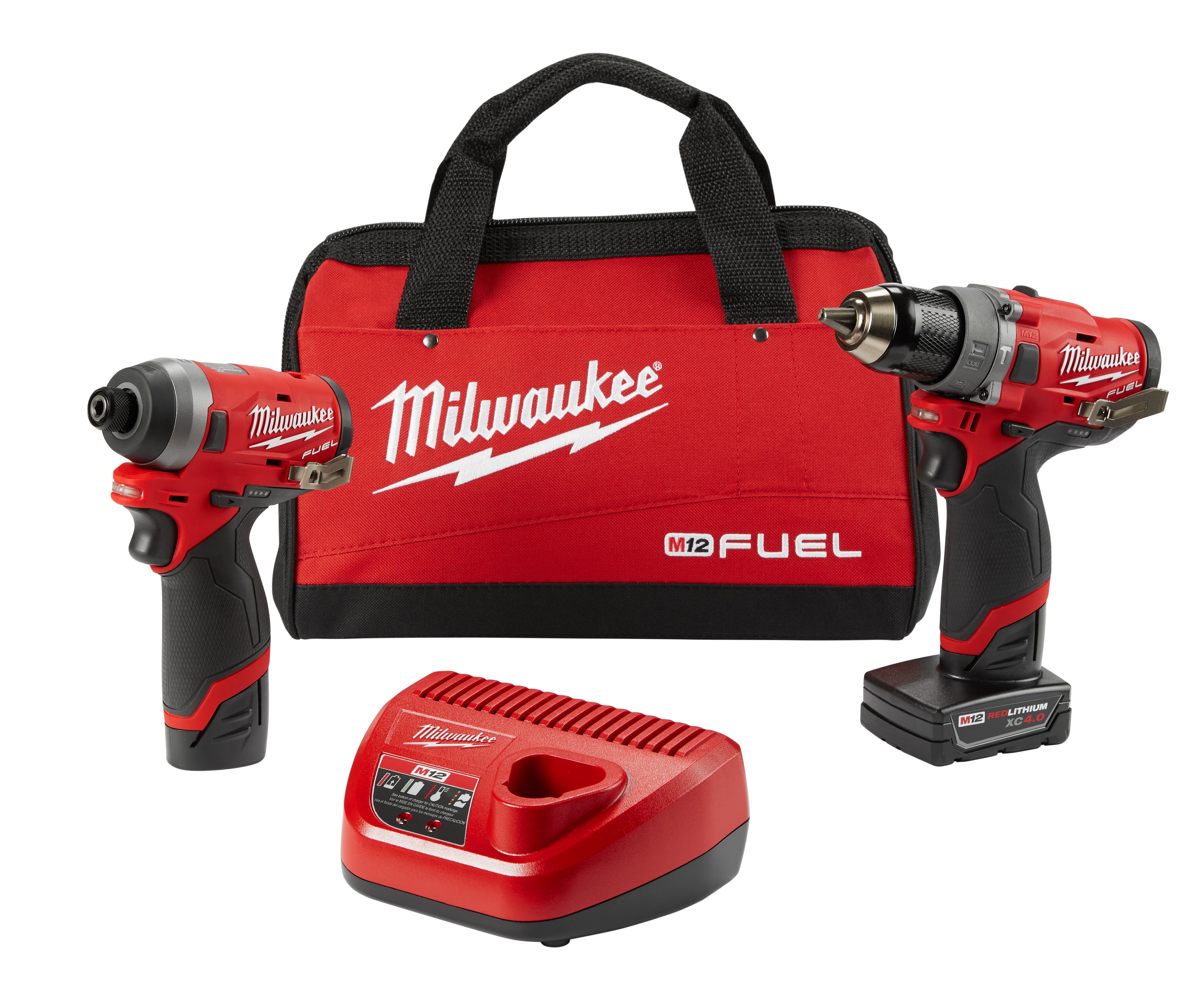 Milwaukee Electric M12 Fuel 2-Tool Combo Kit, 1/2" Hammer Drill/Driver, 1/4" Hex Impact Driver, (1) Xc 4.0 Battery, (1) Cp2.0 Battery, (1) Charger - MLW-3497-22 | GarageAndFab.com