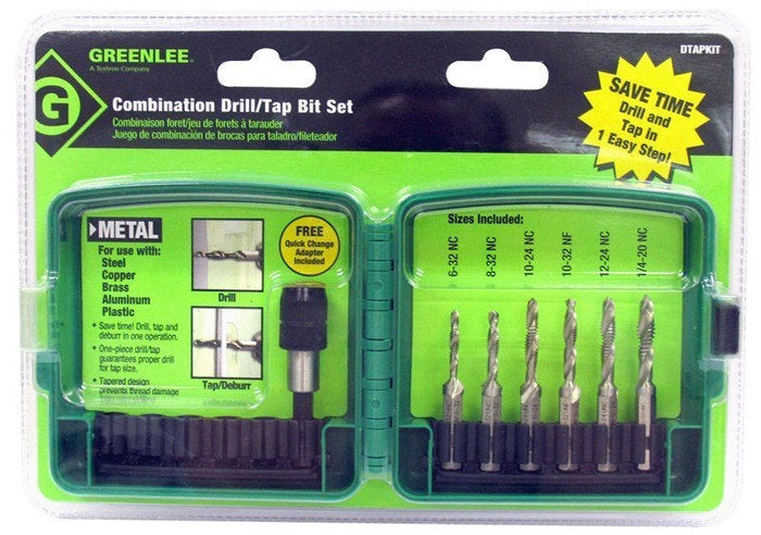 Greenlee 6-Pc Drill Tap Set For Hole Drilling, Tapping & Deburring/Countersinking, 6-32 To 1/4-20 - GRE-DTAPKIT | GarageAndFab.com