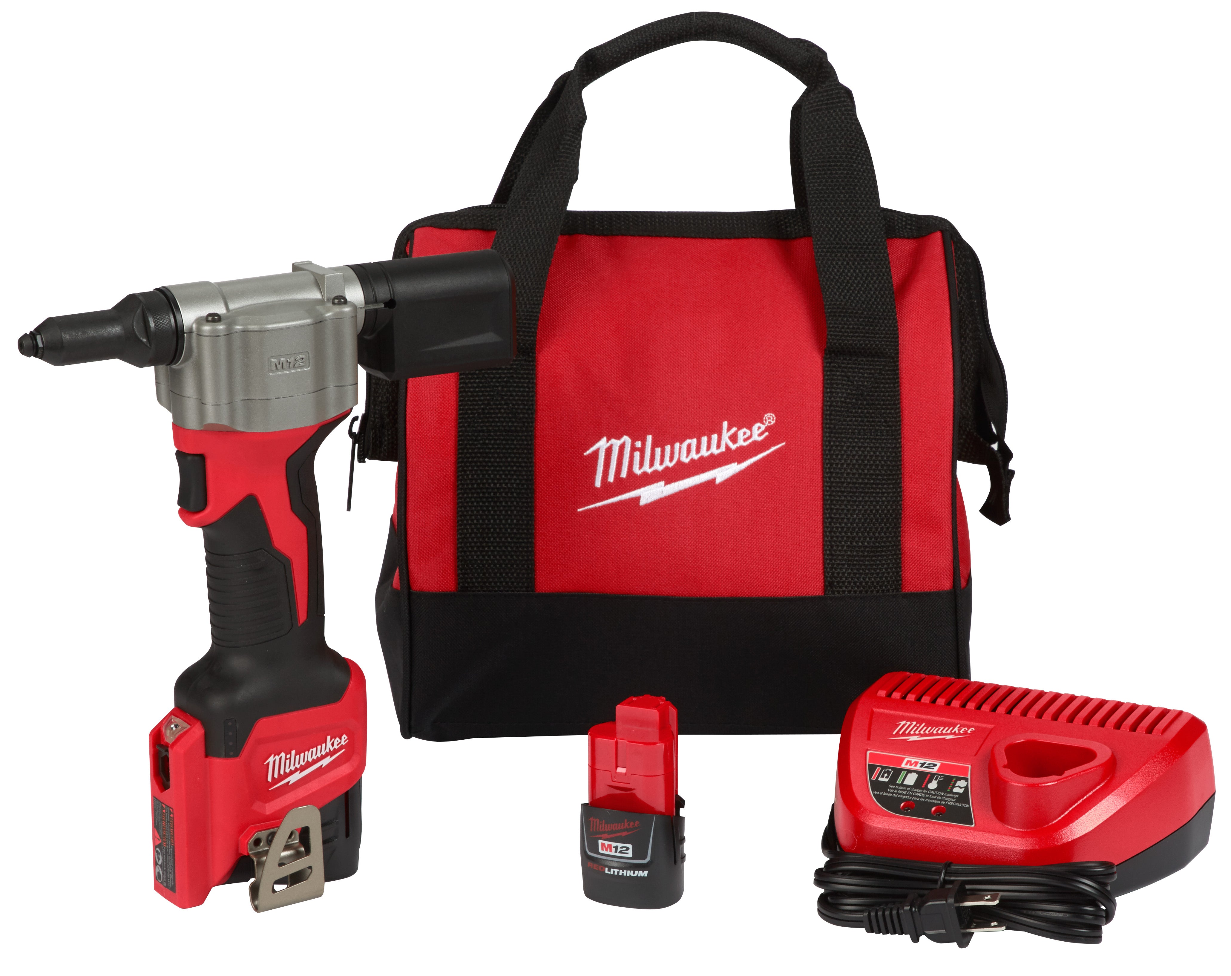 Milwaukee Electric M12 12V Rivet Tool Kit, Pulls 3/32", 1/8", 5/32", 3/16" Rivets In All Materials - MLW-2550-22 | GarageAndFab.com