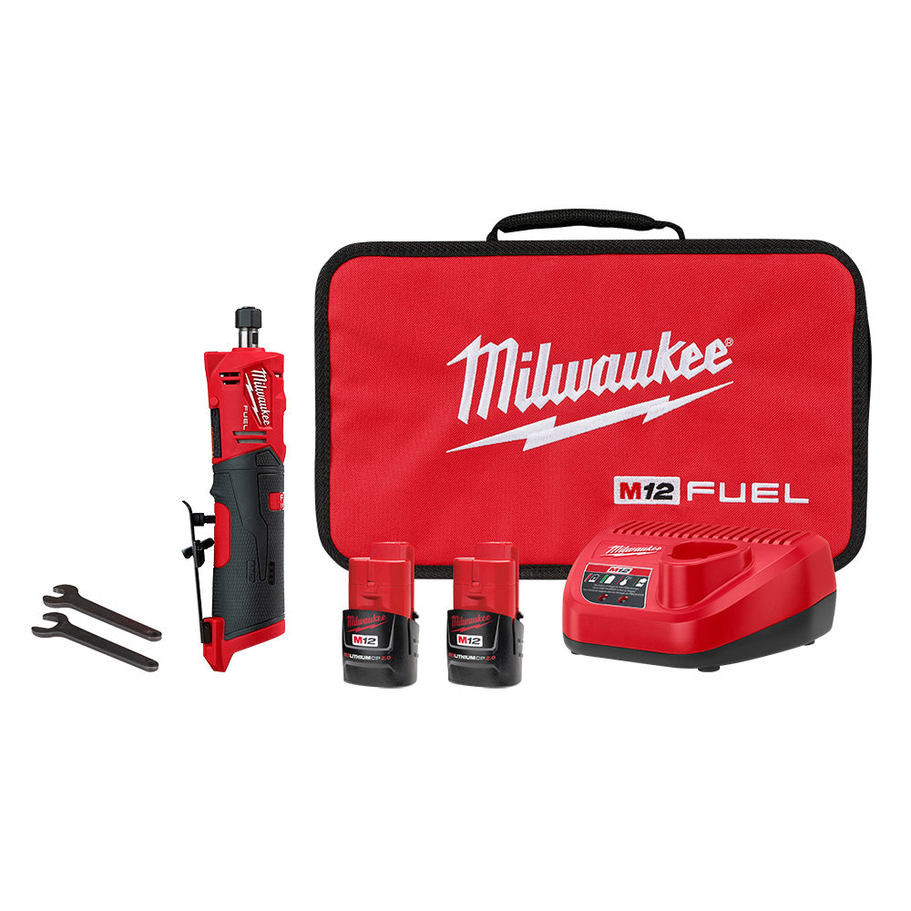 Milwaukee Electric 12V 1/4" Straight Die Grinder Kit, 0.3 Hp, 0-24,500 Rpm - MLW-2486-22 | GarageAndFab.com