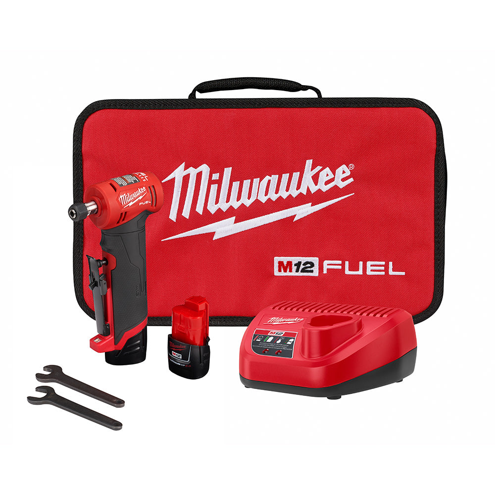 Milwaukee Electric 12V 1/4" Right Angle Die Grinder Kit, 0.3 Hp, 0-24,500 Rpm - MLW-2485-22 | GarageAndFab.com