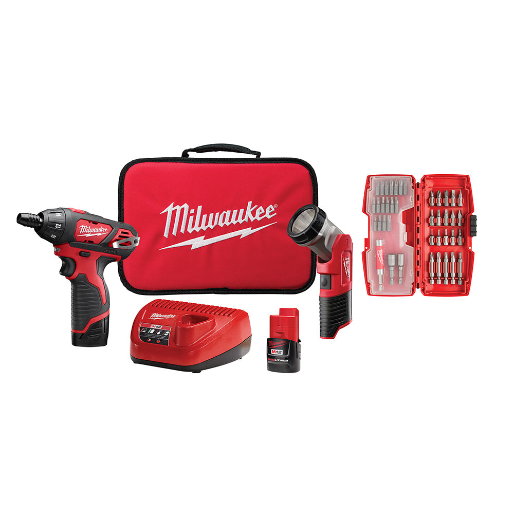 Milwaukee Electric M12 Scrdvr Wfree Light&Acc Kit - MLW-2482-22 | GarageAndFab.com