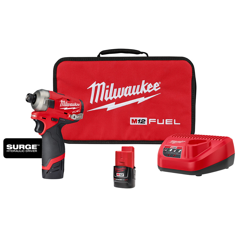 Milwaukee Electric M12 Fuel Surge 1/4" Hex Hydraulic Driver 2 Battery Kit - MLW-2551-22 | GarageAndFab.com